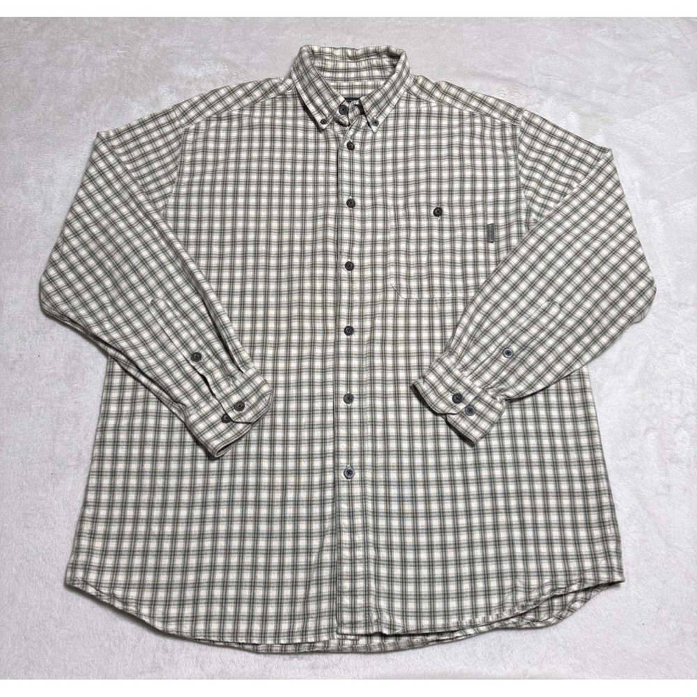 Woolrich Mens Shirt Size Large Beige Green Plaid Long Sleeve Button Down
